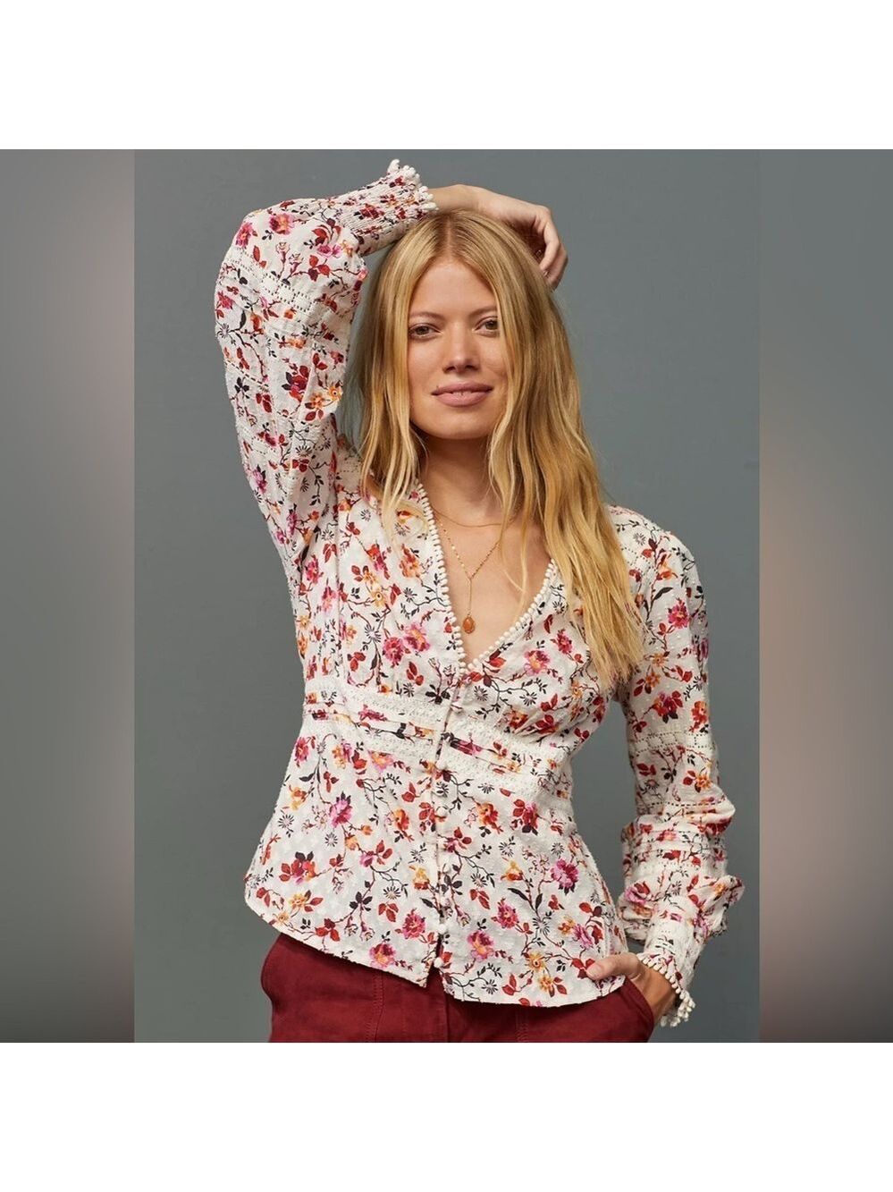 Anthropologie-Floral lace long sleeve blouse-Size 4-EUC - Picture 2 of 13